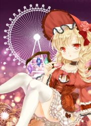 Rule 34 | 1girl, :o, alternate costume, arm support, ascot, blonde hair, blush, bonnet, choker, collarbone, crystal, di tao, dress, ferris wheel, flandre scarlet, flower, food, frilled choker, frilled skirt, frilled sleeves, frills, gradient background, hair ribbon, hat, hat flower, juliet sleeves, leg lift, light particles, long sleeves, looking at viewer, macaron, petticoat, pink flower, pink rose, puffy sleeves, purple background, reclining, red dress, red eyes, ribbon, rose, short hair, side ponytail, skirt, solo, thighhighs, touhou, unmoving pattern, white skirt, white thighhighs, wings