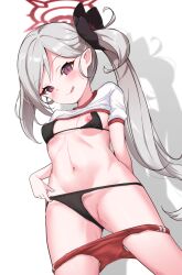 Rule 34 | 1girl, :q, black bra, black flower, black panties, blue archive, blush, bra, breasts, buruma, closed mouth, clothes lift, drop shadow, flower, grey hair, gym uniform, hair flower, hair ornament, halo, highres, lifted by self, long hair, looking at viewer, mutsuki (blue archive), navel, nipple slip, nipples, panties, panty lift, partially visible vulva, puffy short sleeves, puffy sleeves, purple eyes, red buruma, rumiya9i, shirt, shirt lift, short sleeves, side ponytail, small breasts, smile, solo, tongue, tongue out, underwear, very long hair, white background, white shirt