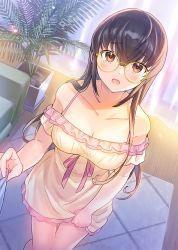 Rule 34 | &quot;rouhou&quot; ore no iinazuke ni natta jimiko ie dewa kawaii shikanai., 1girl, bare shoulders, blush, breasts, brown eyes, brown hair, cleavage, clothes grab, clothes lift, collarbone, couch, curtains, dress, dress lift, dutch angle, feet out of frame, frilled dress, frills, glasses, highres, indoors, light particles, long hair, looking at viewer, looking up, medium breasts, novel illustration, off-shoulder dress, off shoulder, official art, open mouth, plant, potted plant, round eyewear, short dress, sleeveless, sleeveless dress, solo, standing, tan (tangent), tearing up, watanae isami, wooden floor, yellow-framed eyewear, yellow dress