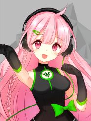 Rule 34 | 1girl, black gloves, blush, braid, breasts, cable, commentary, elbow gloves, gloves, hair ornament, hairclip, headphones, long hair, lowres, momosaka hina, open mouth, pink eyes, pink hair, promotional art, race queen, razer, side braid, single braid, smile, solo, tsukigami runa