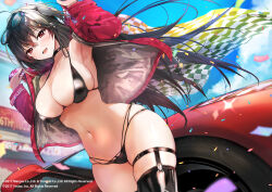 Rule 34 | 1girl, armpits, arms up, azur lane, bikini, black bikini, black hair, black thighhighs, blush, car, checkered flag, commentary request, flag, highres, jacket, long hair, long sleeves, looking at viewer, motor vehicle, official alternate costume, official art, open clothes, open jacket, open mouth, outdoors, race vehicle, racecar, red eyes, red jacket, smile, swimsuit, taihou (azur lane), taihou (enraptured companion) (azur lane), thighhighs, thighs, tomozero