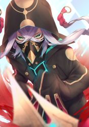 Rule 34 | 1boy, absurdres, armor, asclepius (fate), black jacket, black mask (clothing), braid, breastplate, buttons, commentary request, covered mouth, fate/grand order, fate (series), gradient hair, green eyes, hair between eyes, highres, hood, hood up, hooded jacket, hoodie, jacket, long hair, long sleeves, looking at viewer, male focus, mask, masked, mouth mask, multicolored hair, open clothes, red hair, sleeves past fingers, sleeves past wrists, solo, twin braids, two-tone hair, white hair, yuurei447