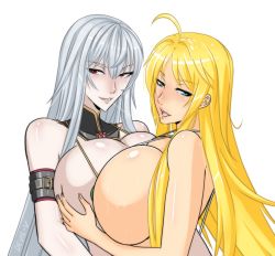 Rule 34 | 00s, 1990s (style), 2girls, ahoge, armlet, artist name, ascot, bikini, blonde hair, blue eyes, blush, grabbing another&#039;s breast, breast press, breasts, celes chere, devil-v, final fantasy, final fantasy vi, grabbing, height difference, highres, huge breasts, lips, long hair, looking at viewer, looking back, multiple girls, naughty face, open mouth, red eyes, saliva, saliva trail, selvaria bles, senjou no valkyria (series), senjou no valkyria 1, silver hair, skindentation, slingshot swimsuit, strap gap, swimsuit, symmetrical docking, watermark, white background, yuri