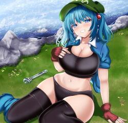 Rule 34 | 1girl, bad anatomy, bad leg, bad proportions, black pants, black tank top, black thighhighs, blue eyes, blue hair, breasts, cleavage, commentary request, curvy, fingerless gloves, flat cap, gloves, grass, green hat, groin, hair bobbles, hair ornament, hat, highres, kawashiro nitori, large breasts, looking at viewer, musi tino, navel, outdoors, pants, red gloves, river, sitting, solo, tank top, thighhighs, touhou, two side up, wrench