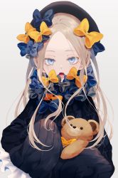 Rule 34 | 1girl, abigail williams (fate), black bow, black dress, black hat, blue bow, blue eyes, bow, brown hair, bug, butterfly, commentary request, dress, fang, fate/grand order, fate (series), forehead, grey background, hair bow, hat, highres, hugging object, insect, long hair, long sleeves, looking at viewer, multiple hair bows, open mouth, orange bow, parted bangs, polka dot, polka dot bow, satsuki (miicat), simple background, sleeves past fingers, sleeves past wrists, solo, stuffed animal, stuffed toy, teddy bear, upper body, very long hair