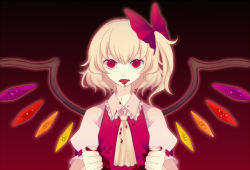 Rule 34 | 1girl, blonde hair, blood, bow, fangs, female focus, flandre scarlet, gradient background, hair ribbon, harano, red eyes, ribbon, short hair, side ponytail, solo, tongue, touhou, upper body, wings