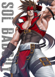 Rule 34 | 1boy, arm up, bara, bare shoulders, brown hair, cleavage cutout, clothing cutout, covered abs, feet out of frame, fingerless gloves, gloves, guilty gear, harness, headband, large pectorals, long hair, looking at viewer, pectoral cleavage, male focus, muscular, pectorals, pelvic curtain, ponytail, red headband, sheath, sinichi okazaki, sleeveless, sol badguy, solo, spiked hair, sword, sword behind back, thick thighs, thighs, tight clothes, unsheathing, weapon