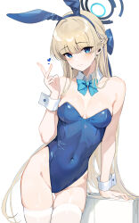 Rule 34 | 1girl, animal ears, bare shoulders, blonde hair, blue archive, blue bow, blue bowtie, blue eyes, blue hairband, blue leotard, blush, bow, bowtie, breasts, cleavage, closed mouth, covered navel, detached collar, fake animal ears, gin00, hairband, halo, hand up, heart, highleg, highleg leotard, highres, leotard, medium breasts, rabbit ears, simple background, smile, thighhighs, thighs, toki (blue archive), toki (bunny) (blue archive), white background, white thighhighs, white wrist cuffs, wrist cuffs