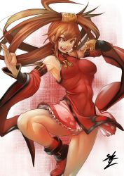 Rule 34 | 1girl, bare shoulders, breasts, brown eyes, brown hair, china dress, chinese clothes, detached sleeves, dress, fighting stance, guilty gear, hair ornament, highres, jpeg artifacts, kuradoberi jam, long hair, md5 mismatch, open mouth, panties, resized, resolution mismatch, shoes, skirt, solo, source larger, sowel (sk3), underwear, very long hair, white panties