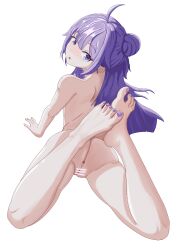 Rule 34 | 1girl, ass, azur lane, barefoot, cleft of venus, feet, highres, leaves and clouds, light blush, long hair, looking at viewer, looking back, lying, nude, on stomach, parted lips, purple eyes, purple hair, pussy, toes, unicorn (azur lane), white background