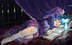 Rule 34 | 1girl, bear (qma), bespectacled, book, crescent, crescent moon, drooling, female focus, frilled socks, frills, glasses, hat, highres, long hair, moon, patchouli knowledge, purple hair, saliva, sleeping, socks, solo, touhou, wallpaper, white socks