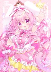 Rule 34 | 1girl, animal ears, blush, bow, breasts, chiika (cure cherish), commission, dress, frilled dress, frills, hair bow, hair ornament, heart, long hair, looking at viewer, open mouth, original, pink bow, pink dress, pink eyes, pink hair, rabbit ears, ribbon, short sleeves, skeb commission, smile, solo, very long hair, wrist cuffs