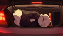 Rule 34 | 1girl, albino, artist name, bad id, bad twitter id, black gloves, brown coat, brown theme, car, car trunk, closed mouth, coat, cross-eyed, crossed arms, fetal position, frown, gloves, gun, highres, long sleeves, looking at viewer, lying, motor vehicle, on side, once 11h, original, pale skin, red eyes, shoes, short hair, shotgun, solo, watermark, weapon, white hair