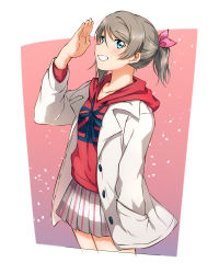 Rule 34 | 1girl, absurdres, asymmetrical hair, blue eyes, blue ribbon, blush, bow, coat, collarbone, cowboy shot, grey hair, grin, hair between eyes, hair bow, hand in pocket, highres, hood, hood down, hooded sweater, love live!, love live! sunshine!!, miniskirt, neck ribbon, open clothes, open coat, pink bow, pleated skirt, red sweater, ribbon, salute, short hair, short ponytail, skirt, smile, solo, standing, sweater, watanabe you, white background, white coat, white skirt, yuchi (salmon-1000)