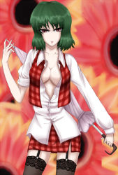 Rule 34 | 1girl, asa inu, bad id, bad pixiv id, black thighhighs, breasts, cleavage, female focus, garter belt, green hair, kazami yuuka, medium breasts, no bra, no nose, open clothes, open shirt, pencil skirt, plaid, plaid skirt, plaid vest, red eyes, shirt, short hair, skirt, skirt set, sleeves rolled up, solo, thighhighs, touhou, vest, zettai ryouiki