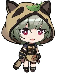 Rule 34 | 1girl, animal ears, animal hood, arm guards, black scarf, blunt bangs, chibi, child, commentary, english commentary, essex face, fake animal ears, fake tail, full body, genshin impact, grey hair, hair between eyes, highres, hood, japanese clothes, leaf, leaf on head, looking at viewer, ninja, obi, parody, raccoon ears, raccoon hood, raccoon tail, red eyes, sash, sayu (genshin impact), scarf, short hair, short sleeves, shuriken, sidelocks, simple background, solo, standing, style parody, svol, tail, weapon, white background