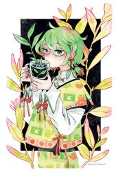 Rule 34 | 1girl, artist name, black background, border, commentary, cup, drinking, ear piercing, earrings, english commentary, green eyes, green hair, holding, holding cup, jacket, jewelry, jitome, looking to the side, maruti bitamin, nail polish, original, outside border, pants, piercing, plant, print jacket, print pants, red nails, shirt, short hair, short ponytail, solo, tea, tea leaves, teacup, white border, white shirt
