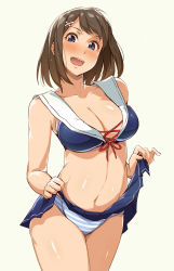 Rule 34 | 10s, 1girl, adapted costume, blue eyes, blush, breasts, brown hair, clothes lift, green background, hair ornament, highres, kantai collection, lifting own clothes, maya (kancolle), medium breasts, midriff, navel, open mouth, panties, sailor collar, short hair, simple background, skirt, skirt lift, solo, striped clothes, striped panties, tokiwa mmm, underwear, white sailor collar, x hair ornament