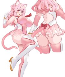 Rule 34 | 1girl, animal ears, ass, back cutout, blush, breasts, cat ears, cat girl, cat tail, clothing cutout, copyright request, elbow gloves, from behind, gloves, large breasts, long hair, looking at viewer, multiple views, neko mantis, open mouth, pink eyes, pink gloves, pink hair, pink skirt, pink thighhighs, simple background, skirt, tail, thighhighs, thighs, two-tone gloves, two-tone thighhighs, white background, white gloves, white thighhighs