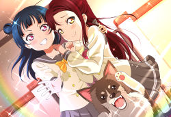 Rule 34 | 2girls, absurdres, anko (love live! sunshine!!), arm around shoulder, blue hair, blush, bow, bowtie, buttons, clenched hand, commentary request, dog, double-breasted, dutch angle, grin, hair bun, hair ornament, hairclip, half updo, hand on another&#039;s shoulder, highres, isami don, long hair, long sleeves, looking at viewer, love live!, love live! sunshine!!, miniskirt, multiple girls, outstretched hand, paw up, pleated skirt, purple eyes, rainbow, red hair, red neckwear, sakurauchi riko, school uniform, serafuku, side bun, single side bun, skirt, smile, sparkle, tsushima yoshiko, yellow eyes, yellow neckwear