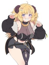 Rule 34 | 1girl, ahoge, animal ears, black jacket, black pantyhose, black shirt, blonde hair, blush, breasts, cleavage, cosplay, crop top, fur-trimmed jacket, fur trim, grey skirt, grin, hair between eyes, hair ornament, hairclip, highres, hololive, horns, jacket, jewelry, large breasts, long hair, long sleeves, looking at viewer, messy hair, miniskirt, navel, necklace, o-ring, o-ring legwear, o-ring thigh strap, pantyhose, purple eyes, see-through, see-through cleavage, sheep ears, sheep girl, sheep horns, shirt, shishiro botan, shishiro botan (1st costume), shishiro botan (cosplay), simple background, single leg pantyhose, skin tight, skirt, sleeveless, sleeveless shirt, smile, solo, teeth, thigh strap, torn clothes, torn pantyhose, tsunomaki watame, two side up, vinhnyu, virtual youtuber, white background, zipper skirt