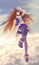 Rule 34 | 1girl, arm up, blue eyes, blue footwear, blue skirt, blue vest, breasts, brown hair, buttons, cloud, cloudy sky, cropped vest, flying, hair ribbon, highres, hololive, large breasts, long hair, medium breasts, navel, nmokhahi, red ribbon, ribbon, shirt, skirt, sky, sleeveless, sleeveless shirt, solo, thigh bow, tokino sora, tokino sora (1st costume), vest, virtual youtuber, waist cape, white shirt, white wrist cuffs, wing ornament, wrist cuffs