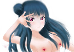 Rule 34 | 10s, 1girl, absurdres, arm up, blue hair, blush, breasts, censored, censored nipples, closed mouth, hair bun, heart, heart censor, highres, long hair, looking at viewer, love live!, love live! sunshine!!, medium breasts, nozomiin nc, nude, pink eyes, signature, simple background, single hair bun, smile, solo, tsurime, tsushima yoshiko, upper body, v, v over eye, white background