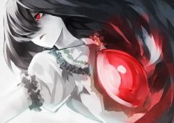 Rule 34 | 1girl, bad id, bad twitter id, black hair, chiruru96, covering one eye, hair over one eye, long hair, monochrome, open mouth, outstretched arm, puffy sleeves, red eyes, reiuji utsuho, shirt, short sleeves, simple background, solo, spot color, third eye, touhou