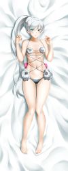 Rule 34 | 1girl, absurdres, back bow, barefoot, bed sheet, blue eyes, blush, bow, breasts, cleavage, collarbone, dakimakura (medium), from above, full body, gluteal fold, grey panties, hair between eyes, high ponytail, highres, huge filesize, incredibly absurdres, kimmy77, long hair, looking at viewer, lying, midriff, navel, on back, open mouth, panties, pink bow, revealing clothes, rwby, side ponytail, silver hair, small breasts, solo, stomach, swept bangs, thigh gap, underboob, underwear, very long hair, weiss schnee