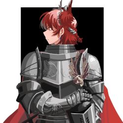 Rule 34 | 1girl, arknights, armor, breastplate, commentary request, fiammetta (arknights), helmet, highres, holding, holding helmet, looking to the side, pauldrons, pointy hair, red eyes, red hair, short hair, shoulder armor, solo, upper body, vambraces, yuec