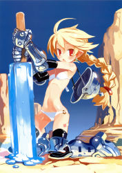 Rule 34 | 1girl, absurdres, armor, bandaid, bare shoulders, bikini, black gloves, black thighhighs, blonde hair, braid, earrings, elbow gloves, food, gauntlets, gloves, greaves, harada takehito, helmet, highres, jewelry, kneeling, long hair, looking at viewer, o-ring, o-ring bottom, open mouth, original, pointy ears, popsicle, red eyes, solo, strapless, swimsuit, thighhighs, white bikini