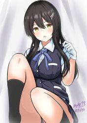 Rule 34 | 1girl, abataa, absurdres, alternate breast size, black hair, black skirt, black socks, black vest, blue ribbon, blush, buttons, collared shirt, gloves, hair between eyes, hair ornament, highres, kantai collection, long hair, looking at viewer, neck ribbon, open mouth, oyashio (kancolle), panties, pleated skirt, ribbon, shirt, short sleeves, skirt, socks, solo, thighs, underwear, vest, white gloves, white panties, white shirt, yellow eyes