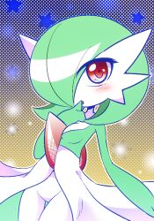 Rule 34 | 1girl, blush, bob cut, colored skin, comiket 87, creatures (company), dress, finger in own mouth, game freak, gardevoir, gen 3 pokemon, green hair, hair over one eye, looking at viewer, lowres, multicolored skin, nintendo, parted lips, pink eyes, pokemon, pokemon (creature), shiratsuki (royal moon), star (symbol), two-tone skin, white dress, white skin