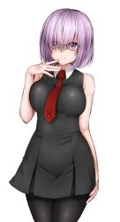 Rule 34 | 1girl, bare shoulders, black dress, black pantyhose, blush, breasts, collared dress, dress, fate/grand order, fate (series), glasses, hair over one eye, highres, looking at viewer, mash kyrielight, necktie, pantyhose, print necktie, purple eyes, purple hair, red necktie, short hair, simple background, smile, solo, white background, zeroasann