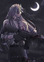 Rule 34 | 1boy, alternate costume, assault rifle, belt, blood, blood on clothes, blood on face, bloody weapon, closed mouth, cloud, collared shirt, covered eyes, cowboy shot, crescent moon, expressionless, fate/grand order, fate (series), gloves, greyscale, gun, hair over one eye, holding, holding gun, holding weapon, long hair, looking to the side, male focus, masaki (star8moon), monochrome, moon, multicolored hair, necktie, night, pants, profile, rifle, shirt, sky, sleeves rolled up, solo, spot color, star (sky), starry sky, streaked hair, takasugi shinsaku (fate), trigger discipline, weapon