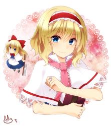 Rule 34 | 1girl, alice margatroid, apron, bad id, bad twitter id, blonde hair, blue dress, blue eyes, book, bow, capelet, chitose (usacan), doll, dress, floating, glaive (polearm), hair between eyes, hair bow, hair ribbon, hairband, looking at viewer, mary janes, polearm, ribbon, shanghai doll, shoes, short hair, short sleeves, signature, smile, touhou, upper body, waist apron, weapon, white legwear