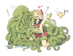 Rule 34 | 1girl, :d, alien, bad id, bad pixiv id, blonde hair, blouse, blue eyes, blush, bow, collarbone, consensual tentacles, drooling, extra eyes, face-to-face, flying sweatdrops, hair bow, happy, heart, heart-shaped pupils, horizontal pupils, kneeling, long hair, looking at another, miniskirt, monster, one eye closed, open clothes, open mouth, open skirt, original, poripori (popocox), red skirt, restrained, round teeth, saliva, school uniform, serafuku, shirt, short sleeves, simple background, skirt, smile, sweatdrop, symbol-shaped pupils, teeth, tentacles, translation request, two side up, white background, wince, yellow shirt