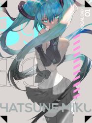 Rule 34 | 1girl, bad id, bad pixiv id, bare shoulders, between breasts, black skirt, blue eyes, blue hair, breasts, closed mouth, commentary request, copyright name, cowboy shot, dated, detached sleeves, grey background, hatsune miku, highres, kibadori rue, long hair, looking at viewer, medium breasts, necktie, partially colored, pleated skirt, self hug, simple background, skirt, smile, solo, standing, thighhighs, twintails, vocaloid