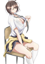Rule 34 | 1girl, ahoge, alternate costume, azur lane, baltimore (after-school ace) (azur lane), baltimore (azur lane), black bra, black necktie, black skirt, bra, braid, breasts, brown hair, chair, choker, cleavage, clothes around waist, clothes pull, collared shirt, hair between eyes, highres, huge breasts, jacket, jacket around waist, kneehighs, kuronekyama, lace, lace-trimmed bra, lace trim, looking at viewer, miniskirt, necktie, open mouth, partially unbuttoned, pleated skirt, school uniform, shirt, shirt pull, short hair, short sleeves, simple background, sitting, skirt, socks, solo, thighs, underwear, white background, white shirt, white socks, yellow eyes