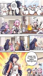 Rule 34 | +++, ..., 4girls, 4koma, :d, :o, :p, ?, ^ ^, absurdres, ahoge, alternate costume, animal, apron, bird, black headwear, blush, breasts, brown tank top, burning, cleaning, cleavage, clenched hands, closed eyes, closed mouth, comic, commentary, cooking, egg (food), elbow gloves, elysia (honkai impact), english commentary, english text, fire, food, fu hua, furrowed brow, gloves, grey hair, happy birthday, high ponytail, highres, honkai (series), honkai impact 3rd, indoors, jacket, jewelry, kiana kaslana, kitchen, large breasts, long hair, long sleeves, looking at mirror, low ponytail, maid, maid headdress, medium breasts, mhunter 45, mirror, multiple girls, necklace, official alternate costume, official art, open clothes, open jacket, open mouth, orange gloves, orange sleeves, pink hair, plant, pointy ears, raiden mei, second-party source, small breasts, smile, smoke, standing, star (symbol), sweatdrop, talking, tank top, tongue, tongue out, upper body, v-shaped eyebrows, vase, very long hair, white gloves, window