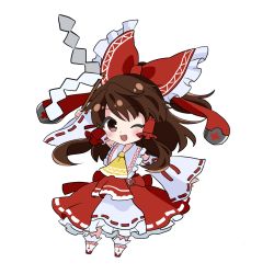 Rule 34 | 1girl, ;d, arm up, ascot, bow, brown eyes, brown hair, chibi, cross, detached sleeves, frilled bow, frilled skirt, frills, full body, gohei, hair bow, hair tubes, hakurei reimu, nonoko (capsule-nnk), one eye closed, open mouth, ponytail, red bow, red cross, ribbon trim, sidelocks, skirt, smile, solo, touhou, transparent background, white legwear, white skirt, wide sleeves