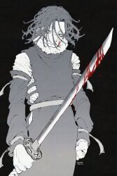 Rule 34 | 1boy, absurdres, black background, blood, blood on face, bloody weapon, clenched hand, haruho drst, highres, holding, holding sword, holding weapon, ink (medium), kagurabachi, male focus, simple background, solo, soujou genichi, sword, traditional media, wavy hair, weapon