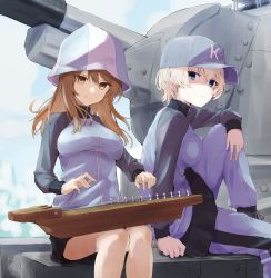 Rule 34 | 2girls, absurdres, ankle boots, arm on knee, baseball cap, blue eyes, blue footwear, blue headwear, blue jacket, blue pants, blue skirt, boots, brown eyes, brown hair, bt-42, closed mouth, commentary, day, frown, girls und panzer, hat, highres, holding, holding instrument, hore (user frns7872), instrument, jacket, kantele, keizoku military uniform, knee up, long hair, long sleeves, looking at viewer, mika (girls und panzer), military, military uniform, military vehicle, miniskirt, motor vehicle, multiple girls, music, on vehicle, outdoors, pants, pants under skirt, playing instrument, pleated skirt, raglan sleeves, short hair, side-by-side, silver hair, single vertical stripe, sitting, skirt, tank, track jacket, track pants, tulip hat, uniform, youko (girls und panzer)