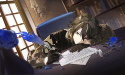 Rule 34 | 1boy, animal ears, arknights, bishounen, black gloves, black hair, blue feathers, blue flower, blue rose, book, bookshelf, cat boy, cat ears, commentary request, couch, desk, feathers, flower, glasses, gloves, grey eyes, head on arm, head on table, highres, indoors, lamp, male focus, playwright (arknights), quill, remirror, rose, sitting, solo, upper body, writing
