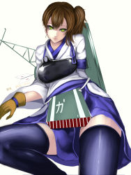 Rule 34 | 10s, 1girl, arrow (projectile), black thighhighs, brown hair, green eyes, highres, kaga (kancolle), kantai collection, kumiko shiba, long hair, muneate, personification, side ponytail, simple background, solo, thighhighs