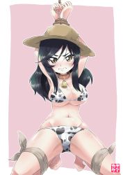 Rule 34 | 1girl, absurdres, animal collar, animal print, arms up, artist logo, barefoot, bell, belle (girls und panzer), bikini, black hair, blush, bound, bound arms, bound legs, breasts, brown eyes, brown hat, cameltoe, closed mouth, collar, commentary, cow print, cowboy hat, frown, girls und panzer, groin, halterneck, hat, highres, kneeling, large breasts, long hair, looking at viewer, navel, neck bell, outline, outside border, pink background, print bikini, red collar, simple background, solo, straw hat, string bikini, swimsuit, tearing up, white bikini, white outline, yamakake (tororo1293)