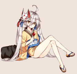 Rule 34 | 1girl, ahoge, alternate hairstyle, bad id, bad pixiv id, beige background, brown eyes, candy apple, closed mouth, collarbone, crossed legs, expressionless, food, fox mask, full body, girls&#039; frontline, hair between eyes, japanese clothes, jitome, kimono, long hair, long legs, looking at viewer, mask, mask on head, obi, official alternate costume, pkp (flower and water) (girls&#039; frontline), pkp (girls&#039; frontline), sandals, sash, short kimono, simple background, solo, tama (tamatamo), thick eyebrows, thighs, tsurime, twintails, yellow eyes, yellow kimono, yukata