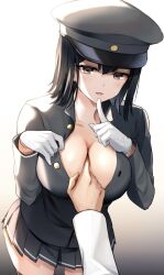 Rule 34 | 1girl, 1other, akitsu maru (kancolle), akitsu maru kai (kancolle), black eyes, black hair, black hat, black skirt, black thighhighs, blush, breasts, buttons, collarbone, gloves, gradient background, hair between eyes, hat, highres, kantai collection, large breasts, long sleeves, medium hair, military uniform, open mouth, peaked cap, pleated skirt, senbei (senbe i), skirt, solo focus, thighhighs, uniform, white gloves