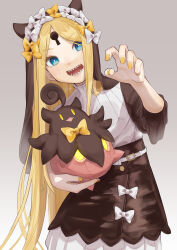 Rule 34 | 1girl, abigail williams (fate), absurdres, alternate costume, blonde hair, blue eyes, bow, claw pose, commentary request, cowboy shot, creatures (company), crossover, fate/grand order, fate (series), game freak, gen 6 pokemon, gradient background, highres, holding, holding pokemon, hood, hood up, keyhole, kyojo128, long hair, looking at viewer, nail polish, nintendo, open mouth, parted bangs, pokemon, pokemon (creature), pumpkaboo, sharp teeth, teeth, two-tone dress, very long hair, yellow nails