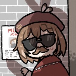 Rule 34 | 1girl, beret, brown hair, clipe, facial hair, hat, hololive, hololive english, long hair, looking at viewer, lowres, medium hair, mustache, nanashi muman, nanashi mumei, nanashi mumei (new year), ponytail, shadow, solo, sunglasses, upper body, virtual youtuber